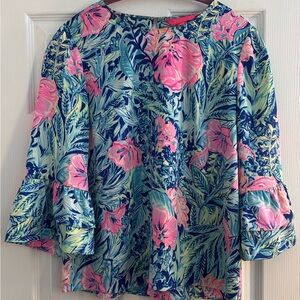Lilly Pulitzer Pink Floral Bell-Sleeve Blouse on Aqua